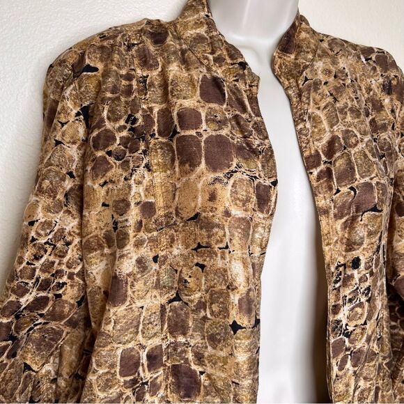 Chicos Silk Open Front Animal Print Jacket Long Sleeve Peplum Women Large Browns - Picture 2 of 11
